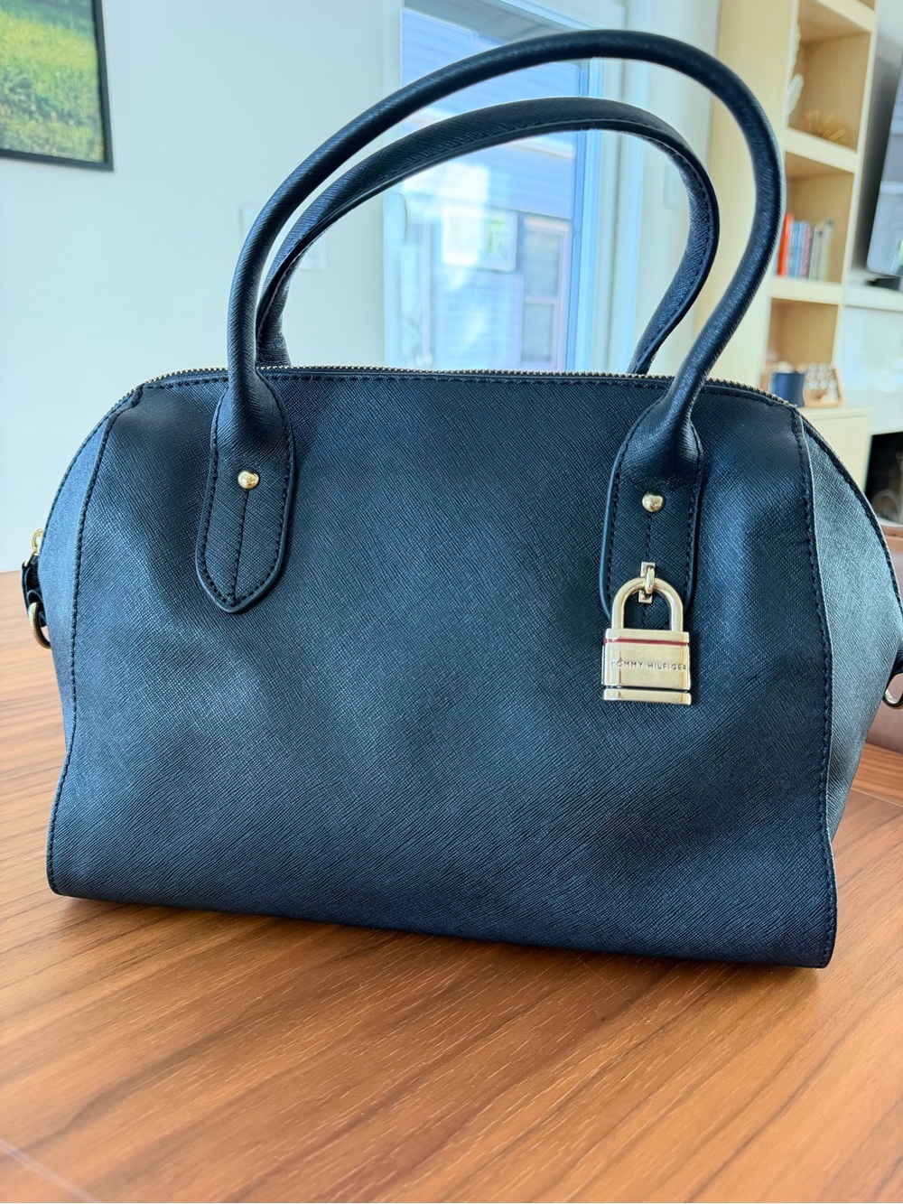 Tommy Hilfiger Navy Saffiano Dome Satchel with Gold Padlock